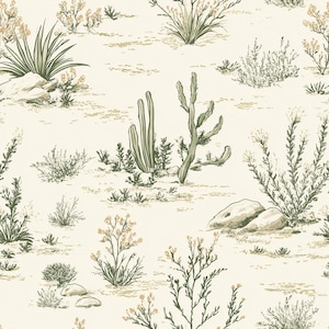 Western Botanical Toile Tapete | Grüner Kaktus Malerische Wüstenlandschaft Cottagecore Dekor | Schälen und aufkleben, entfernbar, vorgeklebt, Vinyl