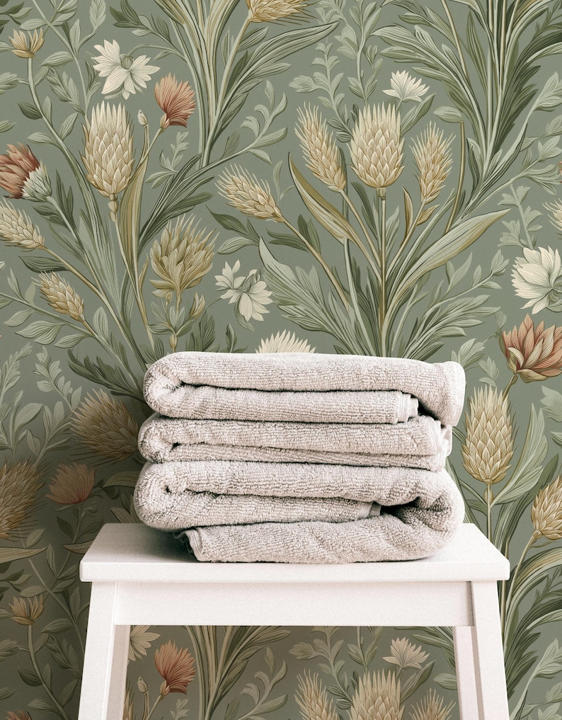 Green Botanical Farmhouse Wallpaper, William Morris Inspired, Cottagecore Decor | Paste the Wall, Prepasted, Removable Peel and Stick, Vinyl image 3