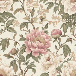 May include: A seamless pattern of large peonies in pink and cream, with yellow centres. The floral design includes green leaves and brown stems against a cream background, creating a vintage, botanical aesthetic.