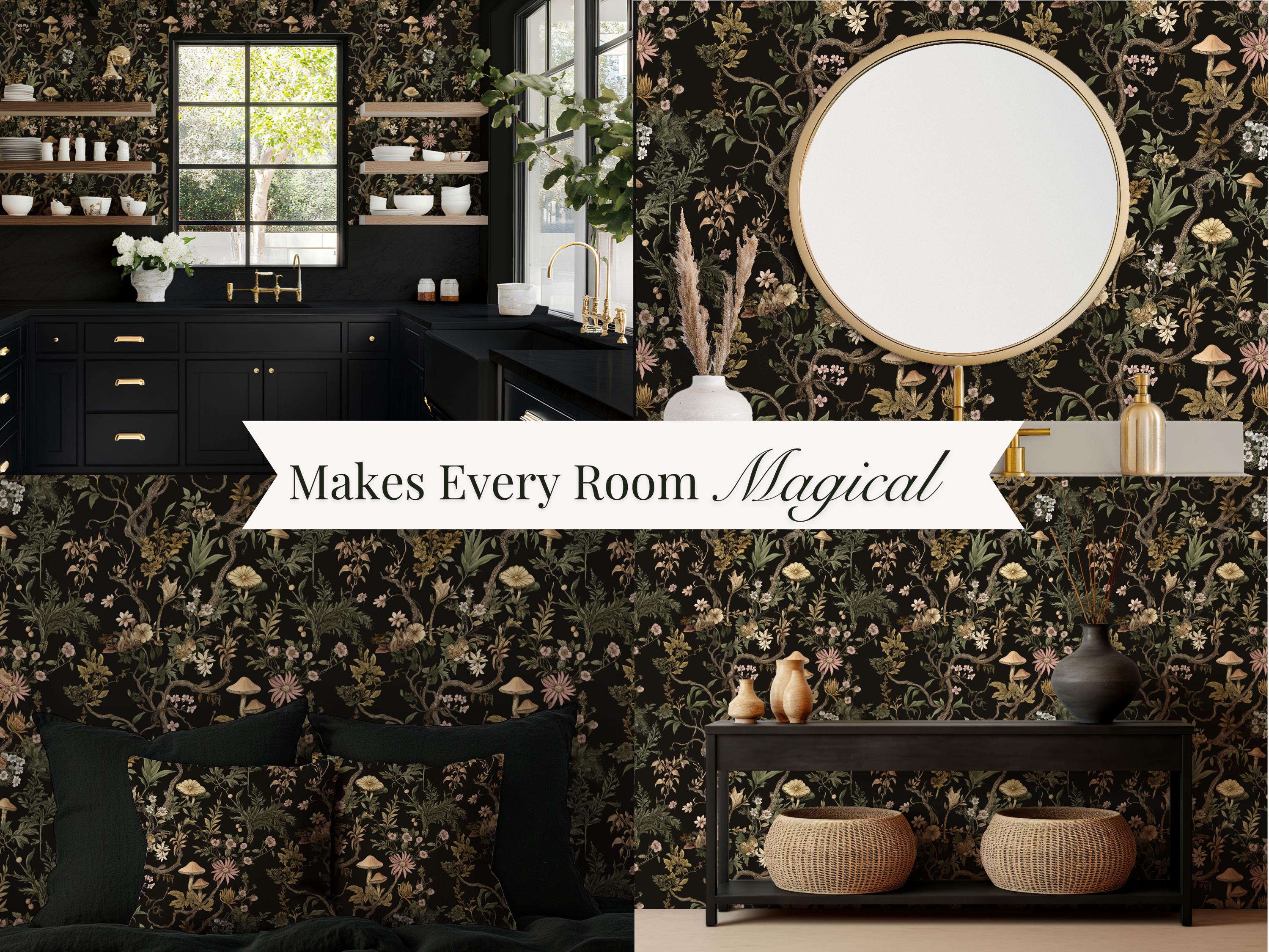 Dark Moody Mushroom Wallpaper | Botanical Woodland Chinoiserie Design ...
