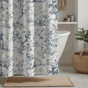 Schattig douchegordijn van toile-stof, grillig Frans landelijk vintage blauw botanisch, golden retriever huisdierliefhebber decor voor badkamer en hondenbad