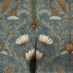 May include: Wallpaper featuring a repeating botanical pattern on a muted blue-gray background. The design includes cream-colored lotus-like flowers, golden-brown wheat stalks, and clusters of small white flowers with intricate green foliage.