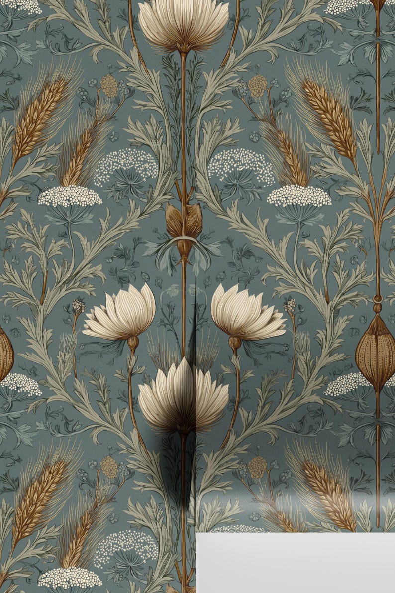 May include: Wallpaper featuring a repeating botanical pattern on a muted blue-gray background. The design includes cream-colored lotus-like flowers, golden-brown wheat stalks, and clusters of small white flowers with intricate green foliage.