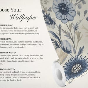 May include: A close-up of a roll of wallpaper with a blue and white floral pattern. The text "Choose Your Wallpaper" is at the top of the image. The text below describes the different types of wallpaper available: Peel & Stick Fabric, Peel & Stick Vinyl, Prepasted Non-Woven, and Unpasted Non-Woven.