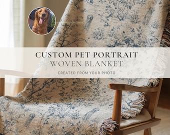 Jeté tissé personnalisé avec portrait d'animal de compagnie, tapisserie botanique en toile de chien, personnalisée à partir d'une photo, cadeau héritage campagnard français