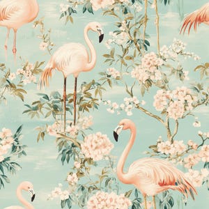 Tropische Flamingo-Chinoiserie-Tapete, blaue botanische Blumenwandkunst, lustiges Cottagecore-Dekor, schälen und aufkleben, entfernbar, vorgeklebt, Vinyl