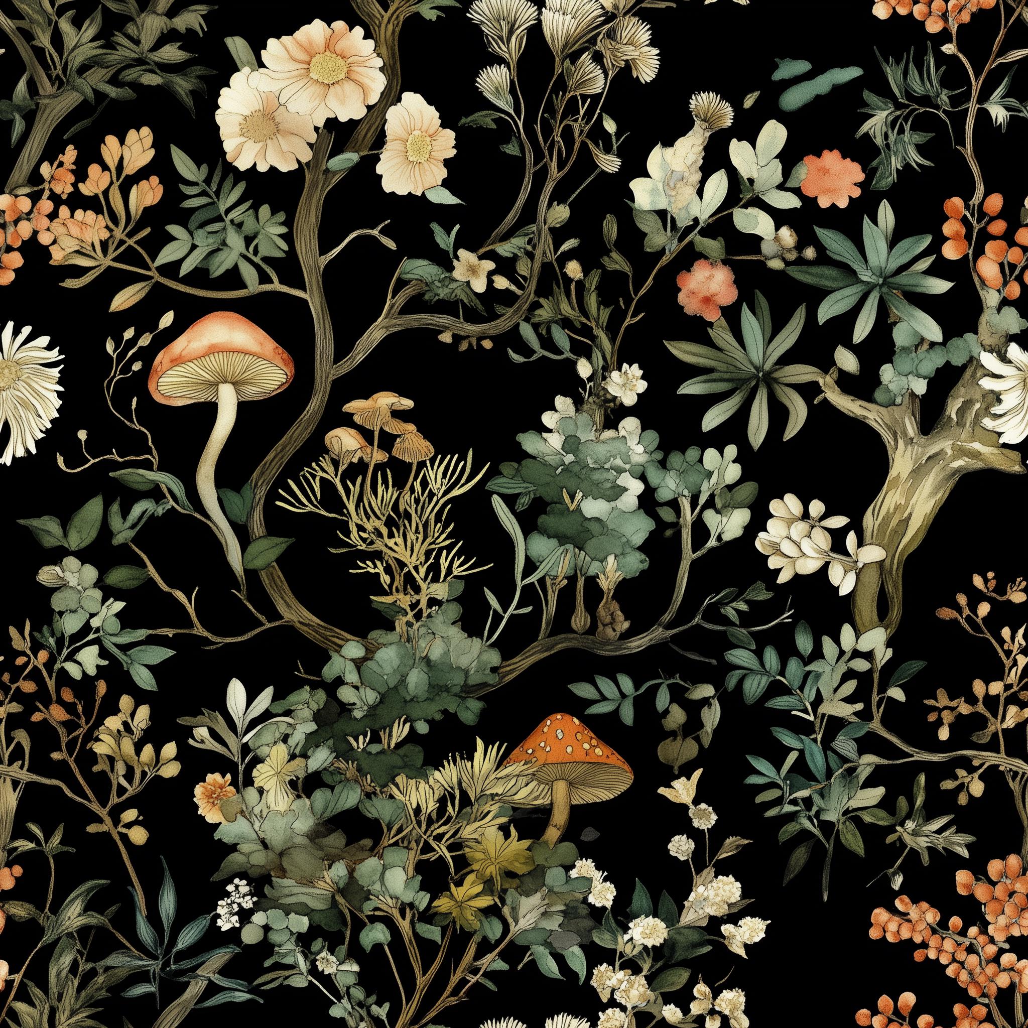 Dark Botanical Mushroom Wallpaper | Woodland Inspired Chinoiserie ...