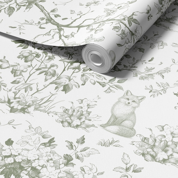 Custom Color Fox Wallpaper, Whimsical Woodland Botanical Toile for Nursery | Paste the Wall, Prepasted, Removable Peel & Stick, or Vinyl