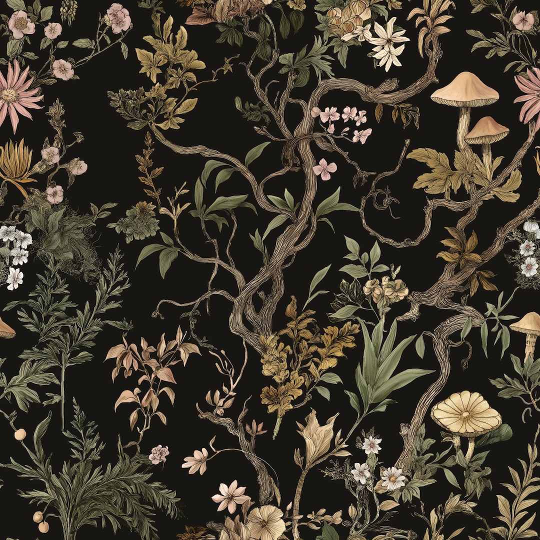 Dark Moody Mushroom Wallpaper | Botanical Woodland Chinoiserie Design ...