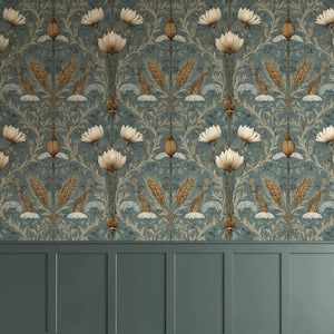 May include: Wallpaper featuring a repeating botanical pattern on a muted blue-green background. The design includes white flowers, golden-brown wheat stalks, and brown seed pods. Below the wallpaper is a solid dark teal wainscoting panel.