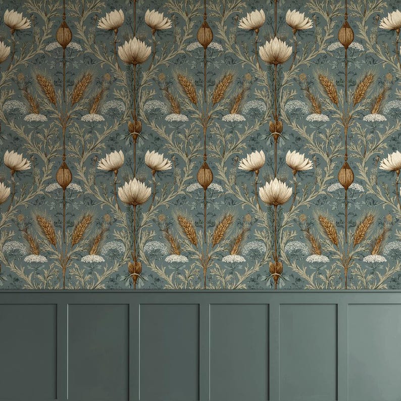 May include: Wallpaper featuring a repeating botanical pattern on a muted blue-green background. The design includes white flowers, golden-brown wheat stalks, and brown seed pods. Below the wallpaper is a solid dark teal wainscoting panel.