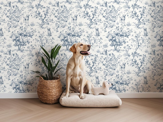 Custom Color Dog Wallpaper, Labrador Retriever Toile de Jouy, Whimsical Vintage Botanical Decor, Peel & Stick, Removable, Pre-Pasted, Vinyl