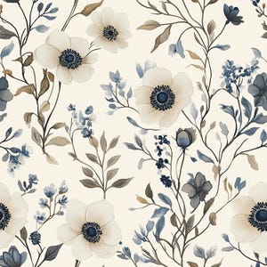 Carta da parati floreale Cream Anemone, Navy Accent Vintage Botanical, Light Academia Cottagecore Decor / Rimovibile Peel and Stick, Preincollato, Vinile