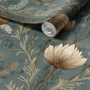 Blauwgroen botanische boerderijbehang, op William Morris geïnspireerd, decor Cottagecore | Paste the Wall, voorgelijmd, verwijderbaar peel and stick, vinyl