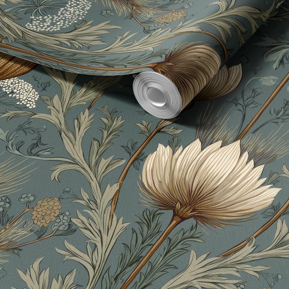 Teal Botanical Farmhouse Wallpaper, William Morris Inspired, Cottagecore Decor | Paste the Wall, Prepasted, Removable Peel and Stick, Vinyl