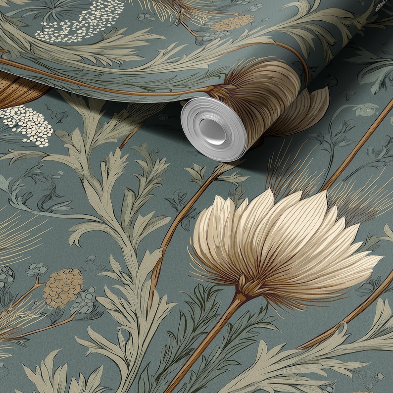 May include: A roll of wallpaper featuring a botanical pattern on a muted blue background. The design includes large, cream-colored flower heads, intricate light beige foliage, and small clusters of white dots, all rendered in a detailed line art style.