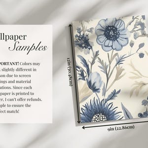 May include: A wallpaper sample featuring a floral pattern with blue and beige flowers on a white background. The sample measures 30.48 cm by 22.86 cm. IMPORTANT! Colours may look slightly different in person due to screen settings and material variations. Since each wallpaper is printed to order, I can't offer refunds. Sample to ensure the perfect match!