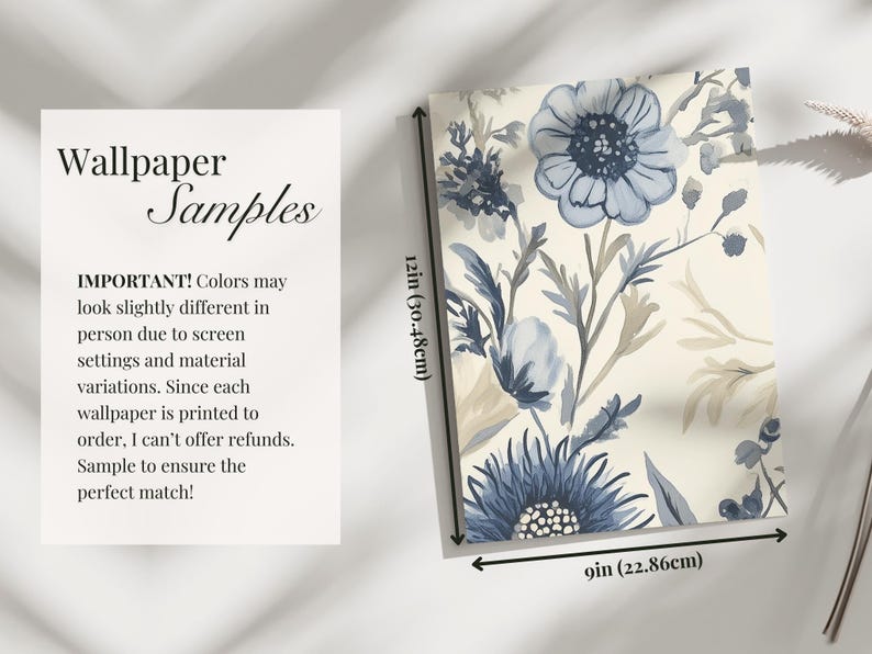 May include: A wallpaper sample featuring a floral pattern with blue and beige flowers on a white background. The sample measures 30.48 cm by 22.86 cm. IMPORTANT! Colours may look slightly different in person due to screen settings and material variations. Since each wallpaper is printed to order, I can't offer refunds. Sample to ensure the perfect match!