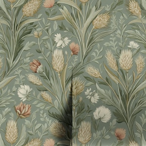May include: A repeating pattern of stylized flowers and foliage in shades of green, beige, and peach. The design features large, textured flower heads and delicate leaves, creating a vintage, botanical aesthetic. The background is a muted green.