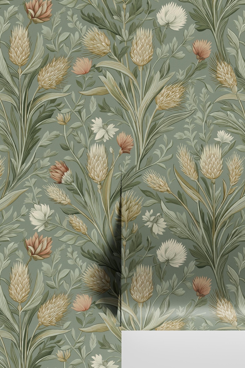 May include: A repeating pattern of stylized flowers and foliage in shades of green, beige, and peach. The design features large, textured flower heads and delicate leaves, creating a vintage, botanical aesthetic. The background is a muted green.