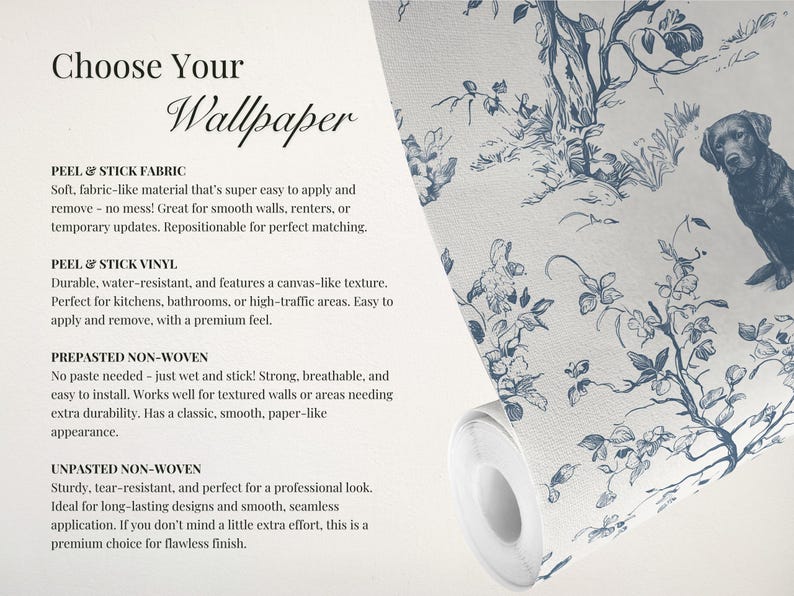 May include: Roll of wallpaper with a blue and white toile design featuring a dog and floral elements. The text "Choose Your Wallpaper" is at the top, with descriptions of different wallpaper types.
