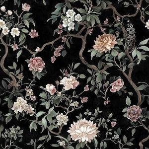 Moody Floral Wallpaper | Peel and Stick, Removable, Pre-Pasted | Dark Academia, Gothic Chinoiserie, Maximalist Decor, Cottagecore Botanical