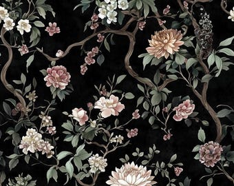 May include: A black background with a floral pattern featuring pink, white, and orange flowers. The flowers are arranged in a repeating pattern on the branches of a tree.
