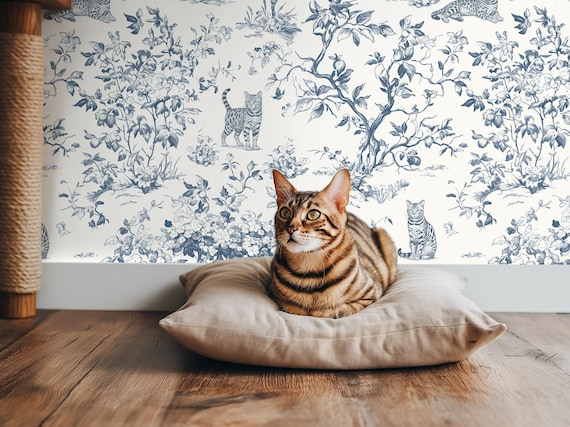 Cat Wallpaper, Custom Color, Bengal Tabby Toile De Jouy, Whimsical