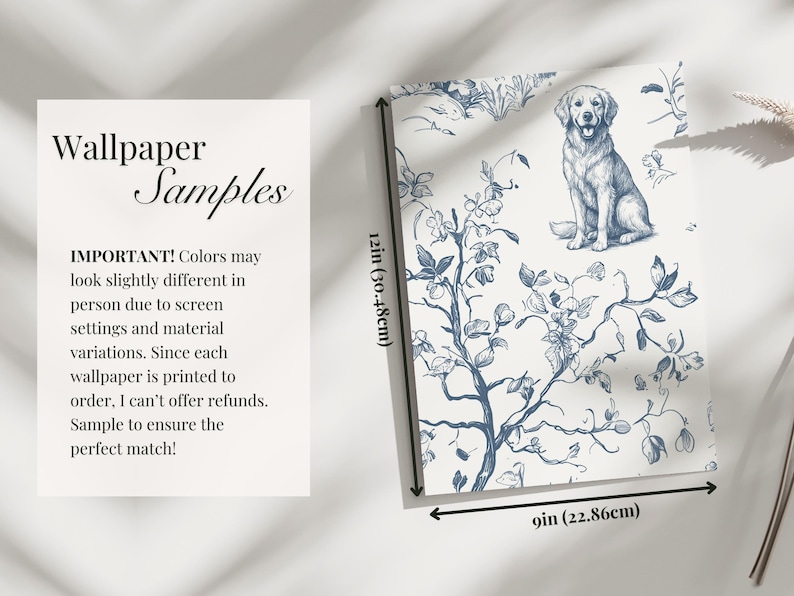 Dog Wallpaper, Whimsical Toile de Jouy Golden Retriever, Vintage Style Botanical, Peel & Stick, Removable, Pre-Pasted, Vinyl, Custom Color image 9