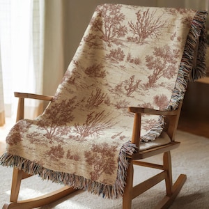 Westerndeken met toiletdeken | Vintage geweven toile de jouy woestijnlandschap botanisch tapijt | Erfstuk thuiscadeau | Decoratief bordeauxrood middenwesten