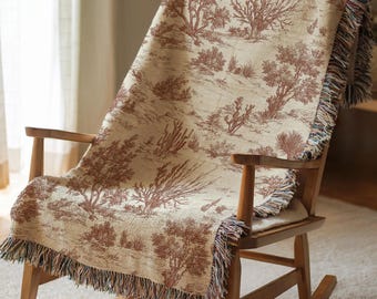 Jeté en toile western | Tapisserie botanique tissée vintage en toile de Jouy, paysage désertique | Cadeau pour la maison héritage | Décoration Bordeaux Midwest