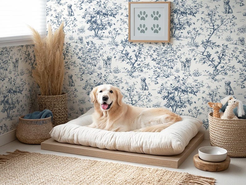 Dog Wallpaper, Whimsical Toile de Jouy Golden Retriever, Vintage Style Botanical, Peel & Stick, Removable, Pre-Pasted, Vinyl, Custom Color image 1