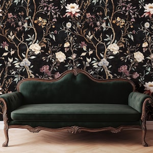 Moody Floral Wallpaper | Peel and Stick, Removable, Pre-Pasted | Dark Academia, Gothic Chinoiserie, Maximalist Decor, Cottagecore Botanical