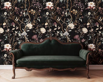 Papel pintado floral de estilo melancólico / Despegar y pegar, extraíble, preencolado / Dark Academia, estilo gótico chinoiserie, decoración maximalista, estilo botánico cottagecore