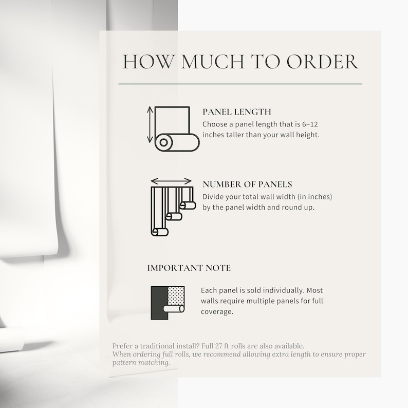 May include: An instructional graphic titled HOW MUCH TO ORDER with black text and icons on a light background. It explains how to calculate wallpaper panel length and quantity in inches, noting that each panel is sold individually.