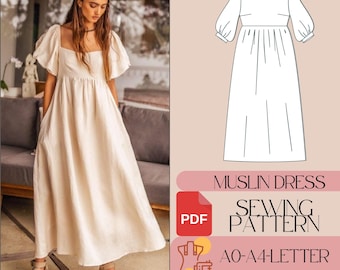 Puede incluir: Un patrón de costura para un vestido de muselina con mangas abullonadas. El patrón incluye instrucciones para las tallas AO-A4. El patrón está disponible para descargar en PDF.