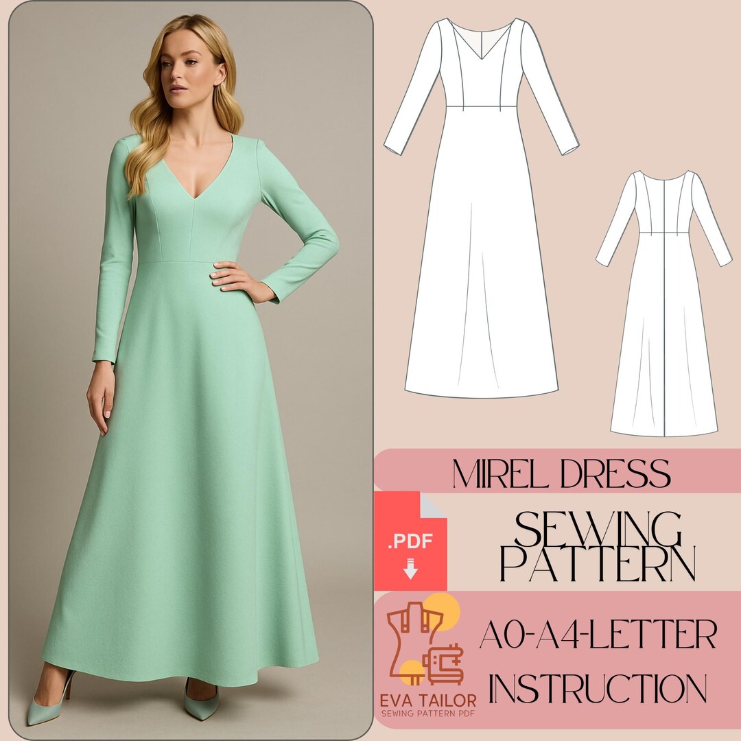 A-line Long Sleeve Dress Sewing Pattern, V Neck (PDF) - Etsy