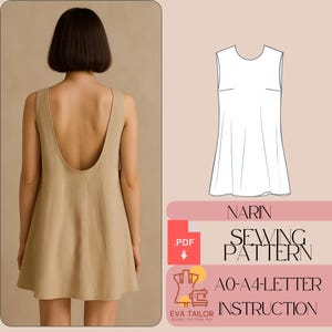 Peut inclure: Une robe sans manches de couleur beige avec un dos nu. L'image comprend également un schéma de patron de couture et le texte "NARIN SEWING PATTERN" et "AO-A4-LETTER INSTRUCTION".