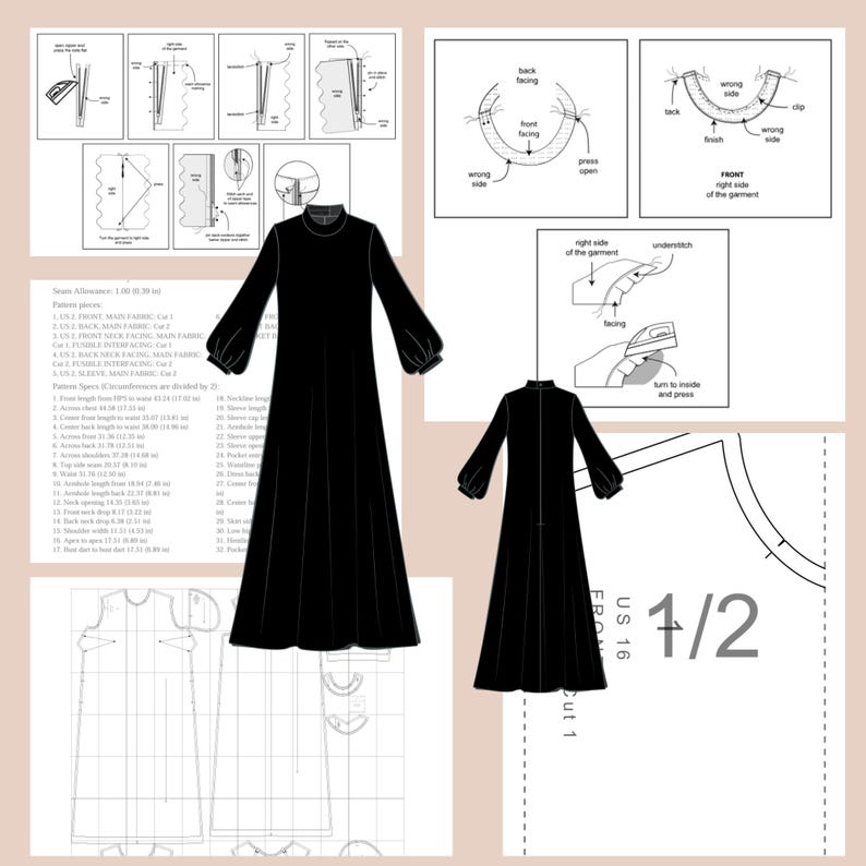 May include: A black dress sewing pattern with instructions for cutting and sewing. The pattern includes a mock neck, long sleeves, and a flowing skirt. The pattern is labeled "US 16 Front Cut 1".