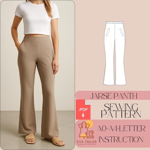 Op de afbeelding: Een naaipatroon voor een wijde broek, genaamd "Jarse Panth", met instructies voor maten AO-A4. Het patroon is beschikbaar als PDF-download.