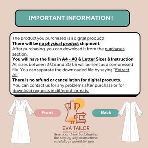 Puede incluir: Un patr&oacute;n de costura digital para un vestido con mangas largas y falda fruncida. El patr&oacute;n incluye instrucciones para las tallas 2 US a 30 US y est&aacute; disponible en tama&ntilde;os A4, A0 y Carta. El patr&oacute;n est&aacute; disponible como un archivo PDF descargable.