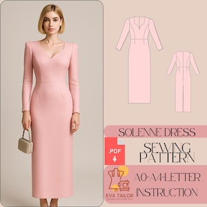 May include: A pink dress sewing pattern with a V-neckline and long sleeves. The pattern includes instructions for sizes AO-A4-LETTER.  The pattern is available as a PDF download.  SOLENNE DRESS SEWING PATTERN.
