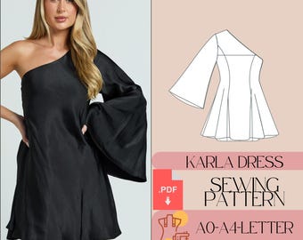One Shoulder Mini Dress Sewing Pattern, Flared Sleeve (PDF Pattern)