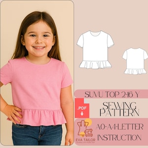 Op de afbeelding: Een meisje draagt een roze top met korte mouwen en een gefranjerde zoom. De afbeelding bevat ook een naaipatroonontwerp voor een top, met de tekst "SUVU TOP 2-16 Y SEWING PATTERN" en "AO-A4-LETTER INSTRUCTION".