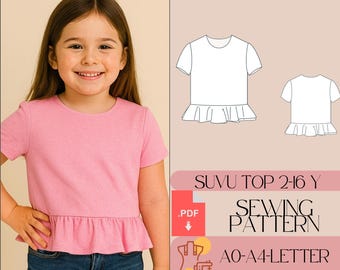 Girls Flounce Top Sewing Pattern, Short Sleeve (PDF Pattern)