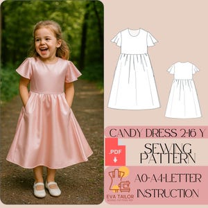 May include: A girl in a light pink satin dress with flutter sleeves and pockets, wearing white shoes. Beside her is a sewing pattern labelled "CANDY DRESS 2-16 Y" and "SEWING PATTERN". The pattern includes instructions for A0-A4 letter sizes.