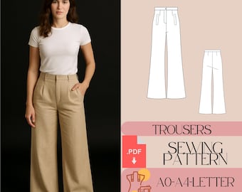 Puede incluir: Una mujer con pantalones beige de pernera ancha y una camiseta blanca. La imagen también muestra un diagrama de patrón de costura de los pantalones. El texto en la imagen dice "TROUSERS SEWING PATTERN" y "AO-A4-LETTER INSTRUCTION".