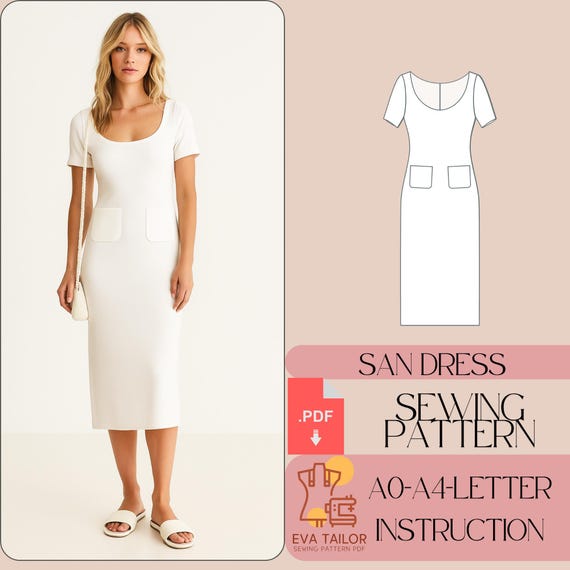 Wide Collar Knit Dress Sewing Pattern with Pockets (PDF Pattern) Wide Collar Knit Dress Sewing Pattern with Pockets (PDF Pattern)