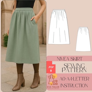 Puede incluir: Una falda midi verde salvia con bolsillos. La falda se combina con botines marrones. La imagen también incluye un patrón de costura con el texto "Nivea Skirt Sewing Pattern" y "A0-A4-Letter Instruction".