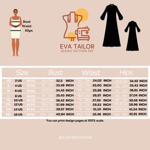 May include: A size chart for a sewing pattern, showing bust, waist, and hip measurements in both inches and centimeters. The chart includes sizes XS to 4XL, with corresponding US and EU sizes.